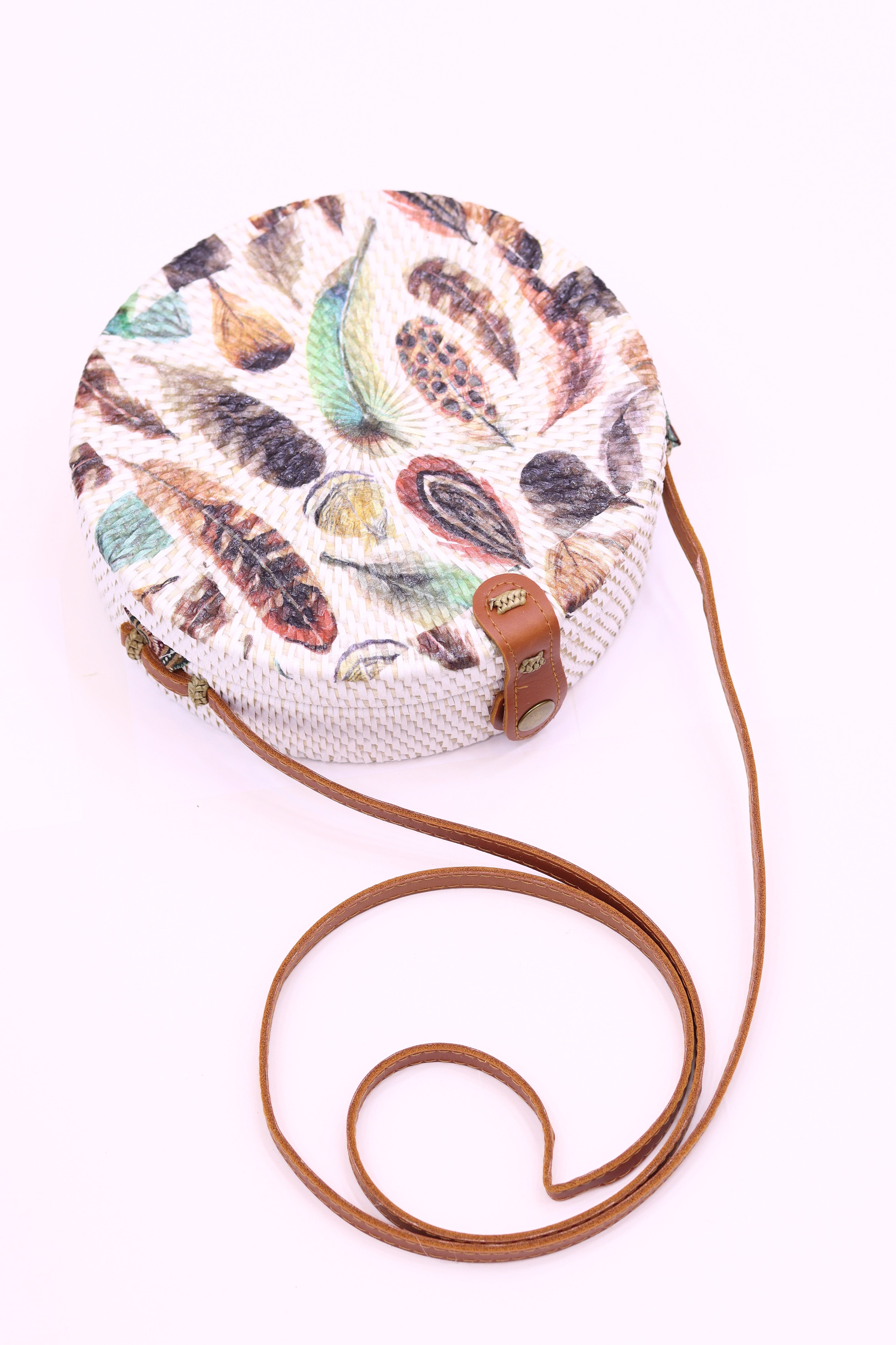 Handwoven Round Rattan Bag Shoulder Leather Straps Natural Chic Hand RB-02